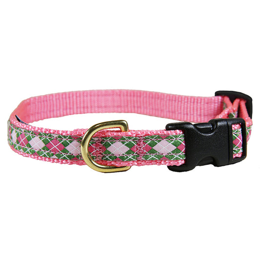5/8” Ribbon Dog Collar – Argyle,  Pink & Green
