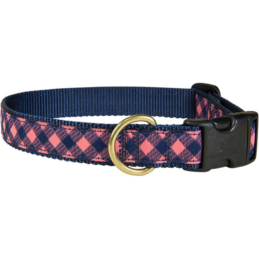 1” Ribbon Dog Collar – Buffalo Plaid, Pink & Navy Blue