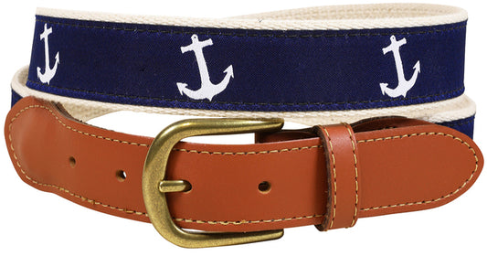 Leather Tab and Ribbon Belt - White Anchor on Navy Blue