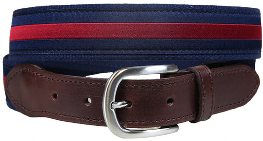 Leather Tab and Ribbon Belt - Burgundy Stripe on Navy Blue