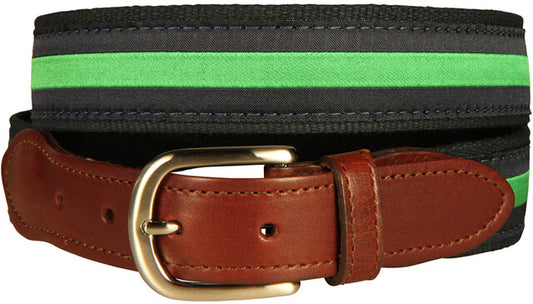 Leather Tab and Ribbon Belt - Green Stripe on Navy Blue