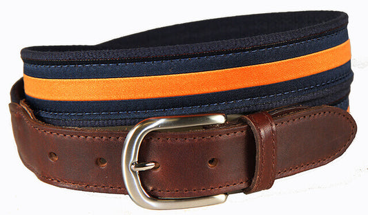 Leather Tab and Ribbon Belt - Orange Stripe on Navy Blue