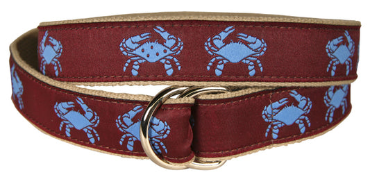 D-Ring Belt - Crabs, Blue on Burgundy