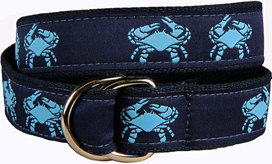 D-Ring Belt - Crabs, Light Blue on Navy Blue