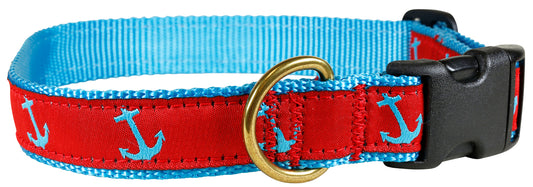 1” Ribbon Dog Collar – Red Anchor on Blue