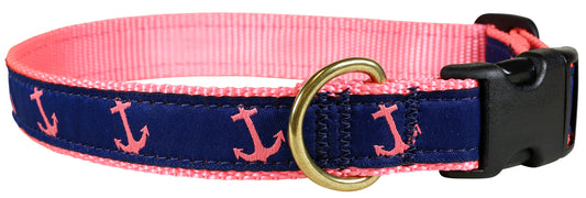 1” Ribbon Dog Collar – Anchor,  Pink on Navy Blue