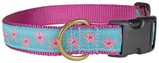 1” Ribbon Dog Collar – Starfish,  Pink on Aqua