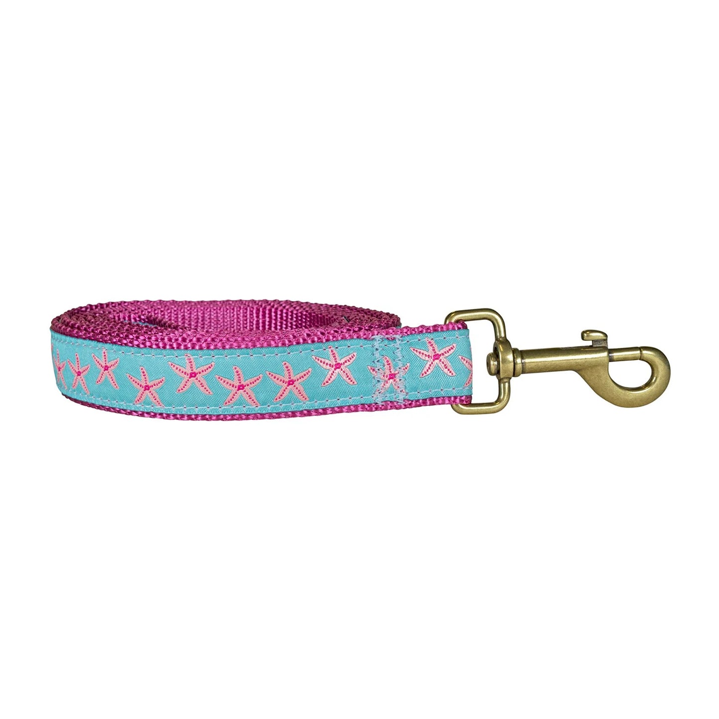 5/8” x 6ft Ribbon Dog Leash – Starfish, Pink on Aqua