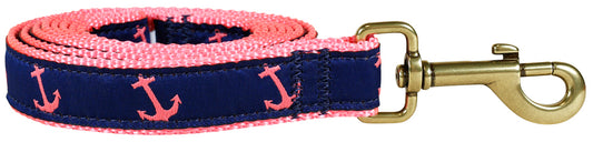 1” x 6ft Ribbon Dog Leash – Anchor, Pink on Navy Blue