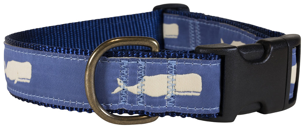 1.25” Ribbon Dog Collar – Moby Whale,  Blue