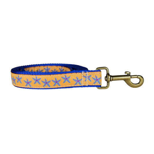 1” x 6ft Ribbon Dog Leash – Starfish, Blue on Yellow