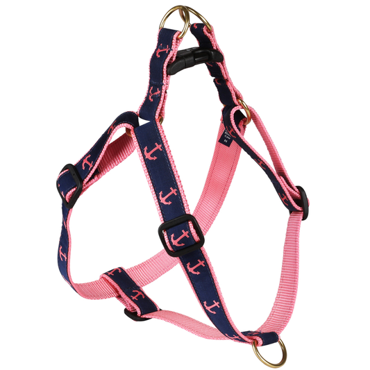 Step-In 1" Dog Harness - Pink Anchors on Navy Blue