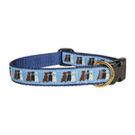 Dog collar with a pattern of Chocolate, Black, and Yellow Labrador Retrievers on a blue background Thumbnail