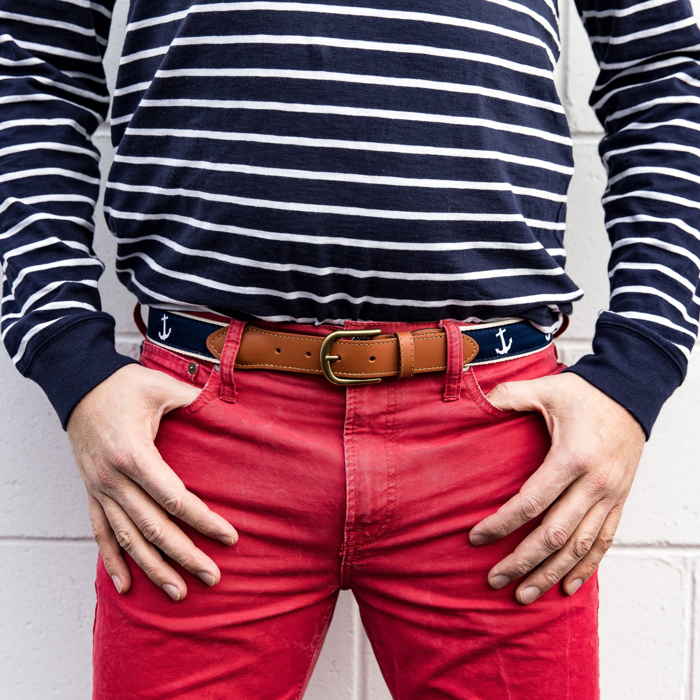 Leather Tab and Ribbon Belt - White Anchor on Navy Blue
