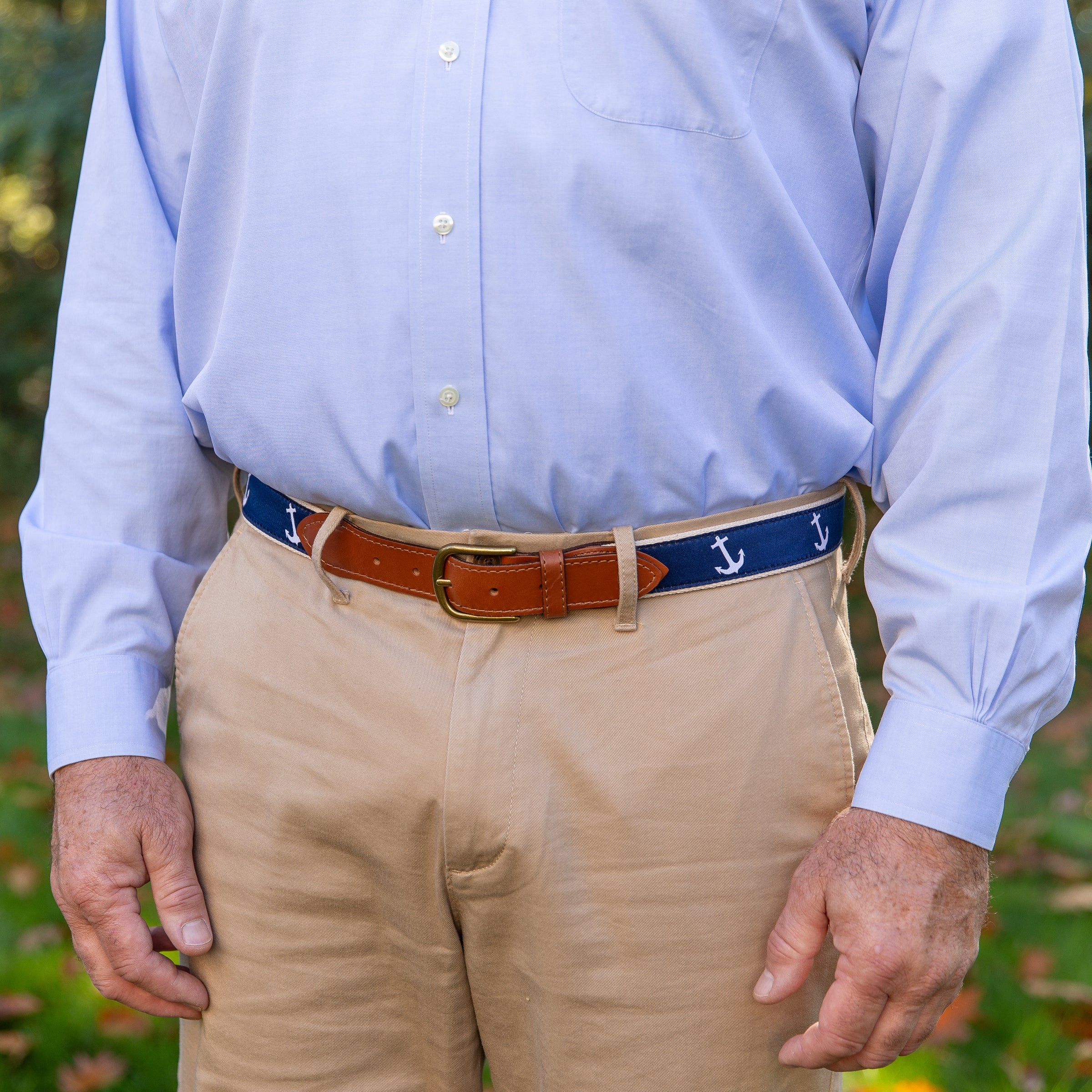 Leather Tab and Ribbon Belt - White Anchor on Navy Blue
