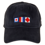 Washed Navy Baseball Cap with nautical flags that spell WTF on the front. Thumbnail