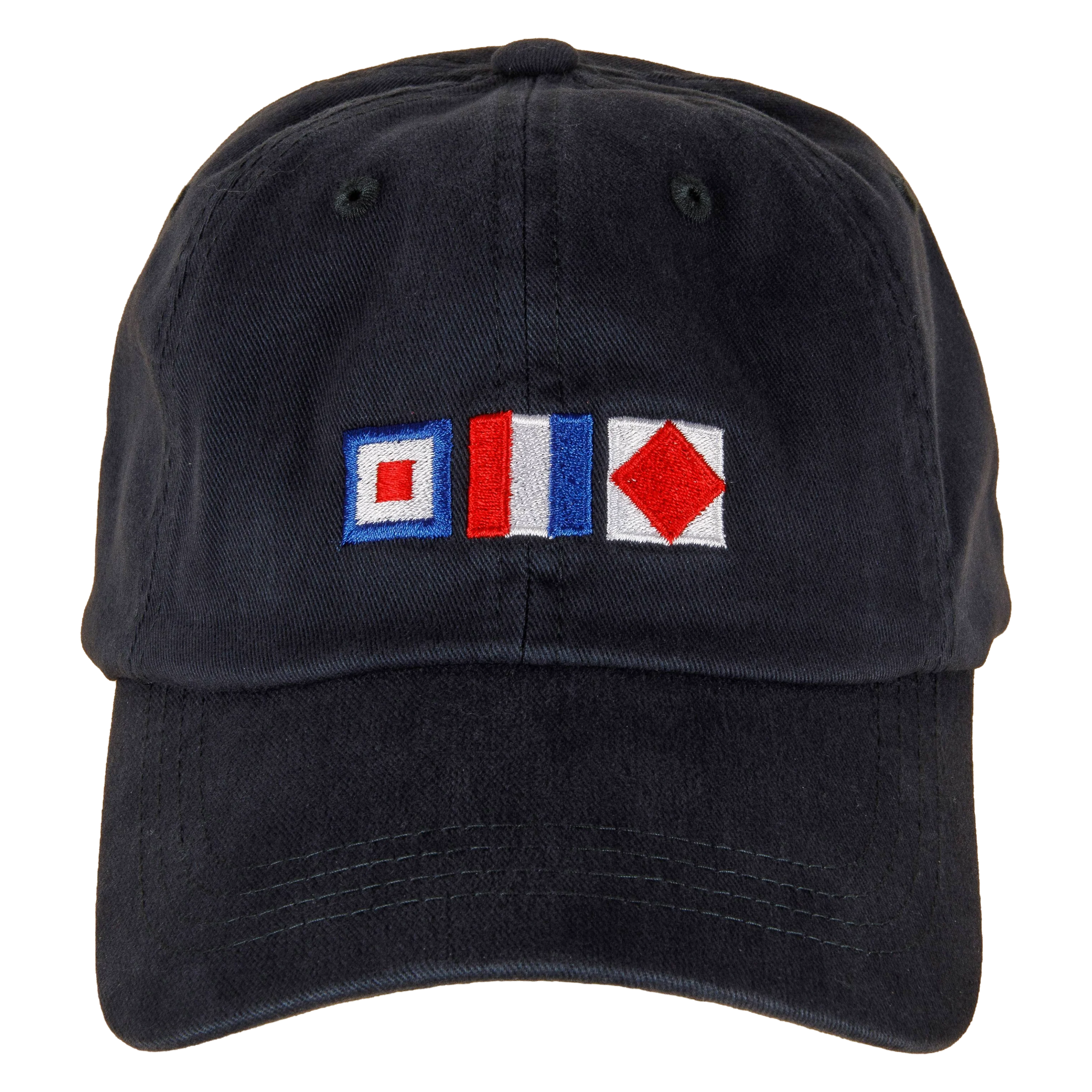 Washed Navy Baseball Cap with nautical flags that spell WTF on the front.