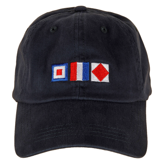 Washed Navy Baseball Cap with nautical flags that spell WTF on the front.