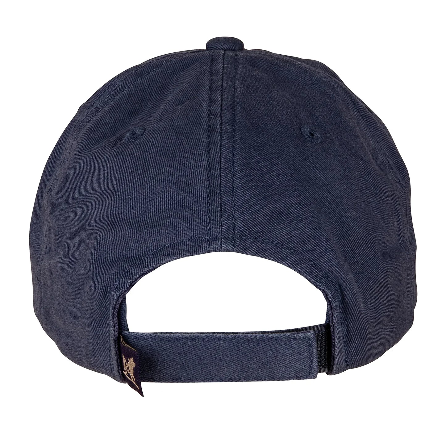 The back of a washed navy blue baseball cap on a white background