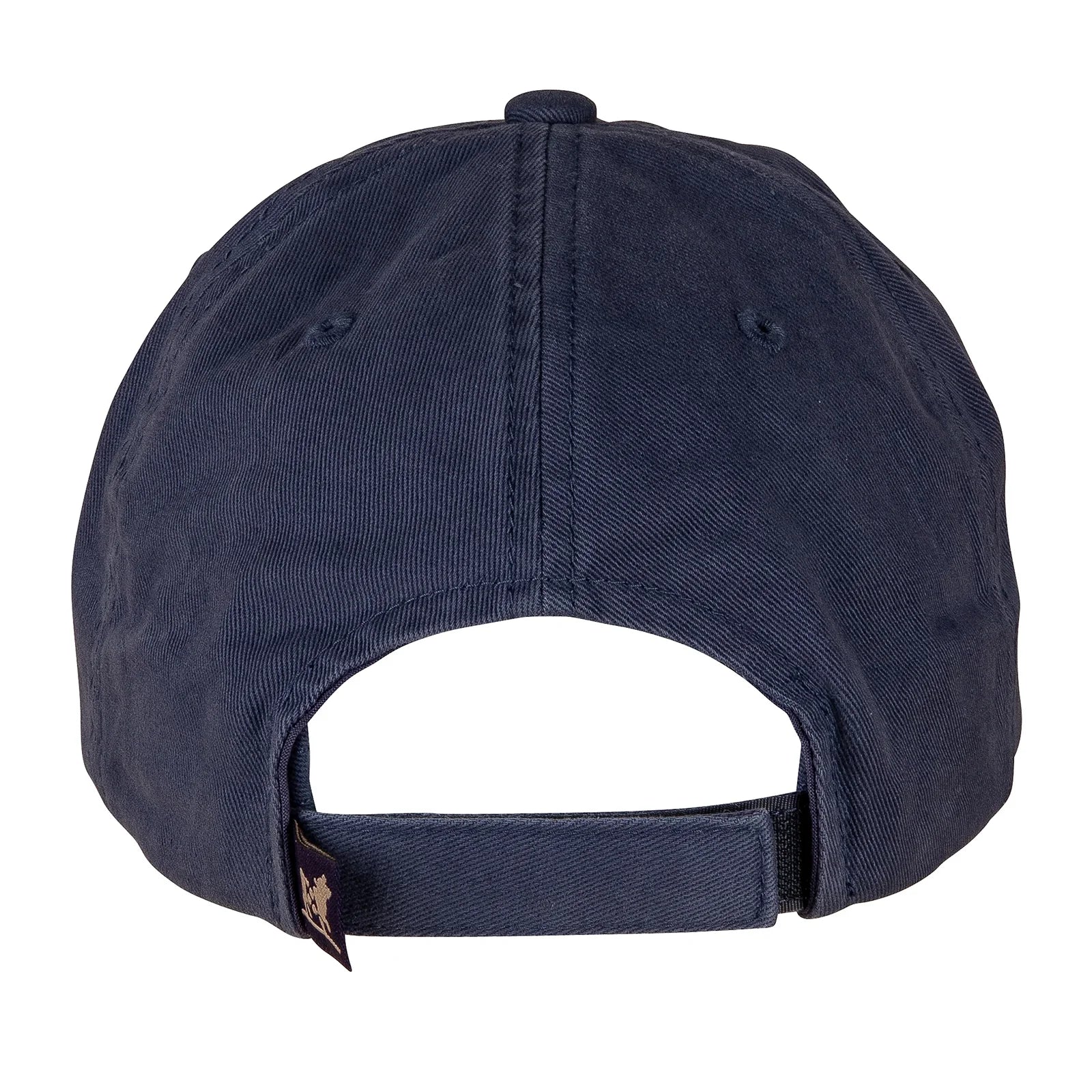 The back of a washed navy blue baseball cap on a white background