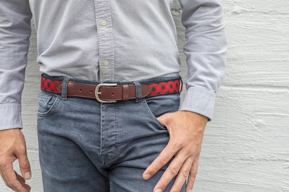 Leather Tab and Ribbon Belt - Red Buffalo Plaid