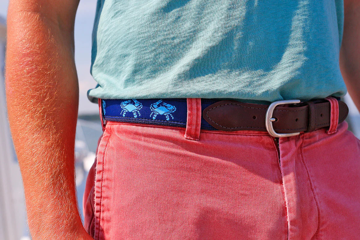 Leather Tab and Ribbon Belt - Blue Crabs