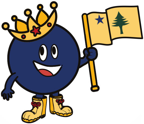 Blueberry shaped character with a crown and Maine flag.