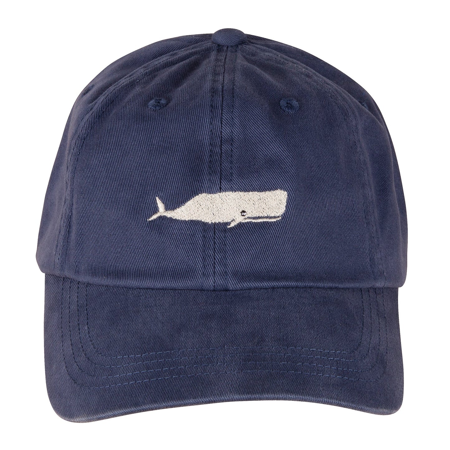 Washed Navy Blue baseball cap with an embroidered white whale on the front. Dad Hat.
