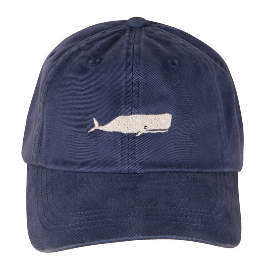 Washed Navy Blue baseball cap with an embroidered white whale on the front. Dad Hat.