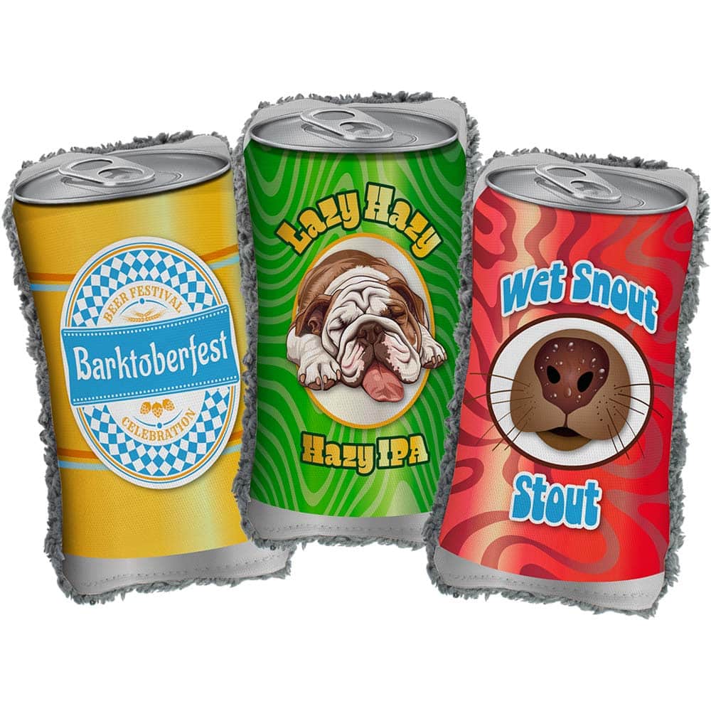 Three beer can, plush dog toy with different designs and text on a white background.
