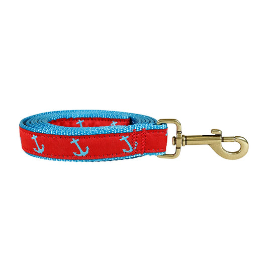 1” x 6ft Ribbon Dog Leash – Anchor, Red on Blue