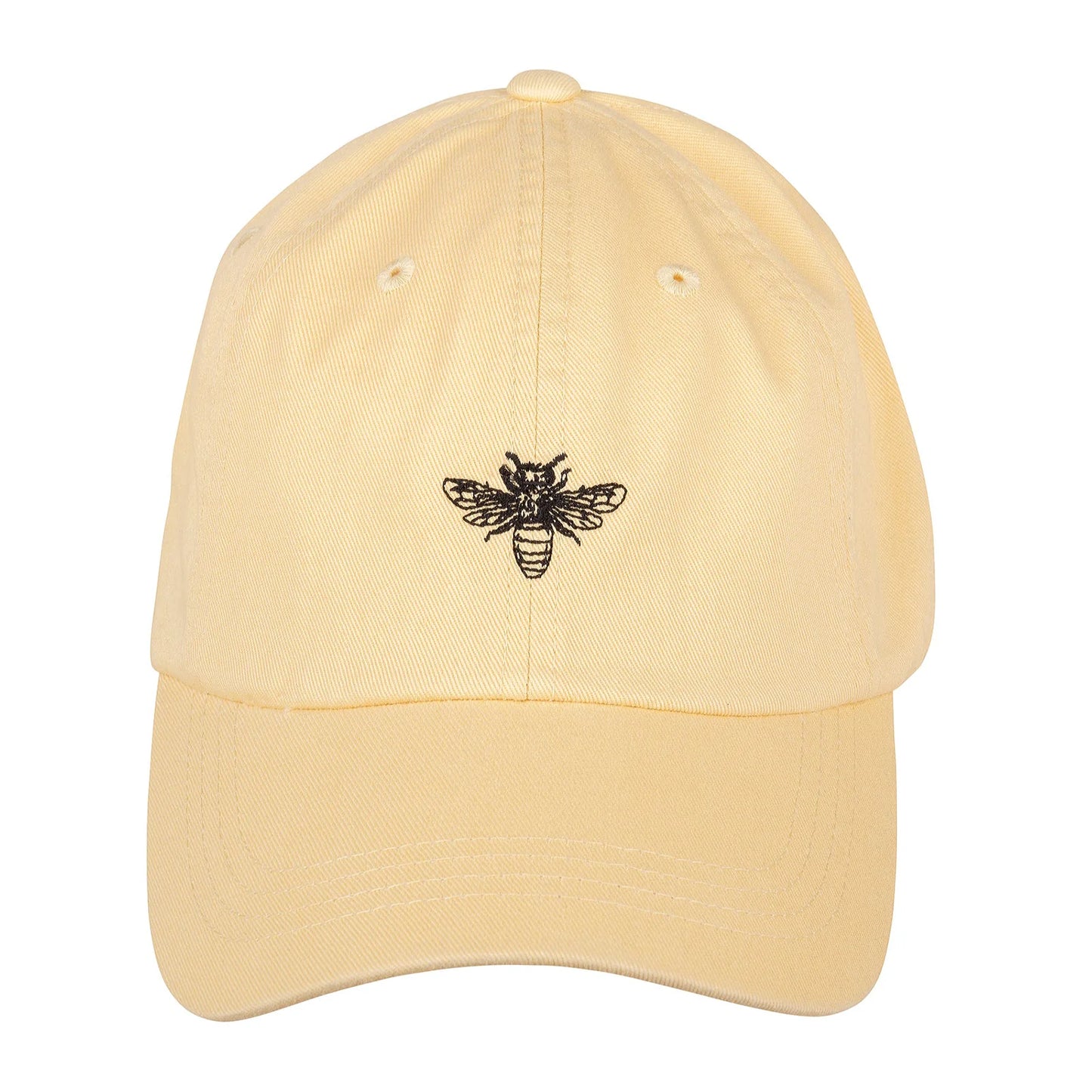 Yellow baseball cap with an embroidered black bee on the front.