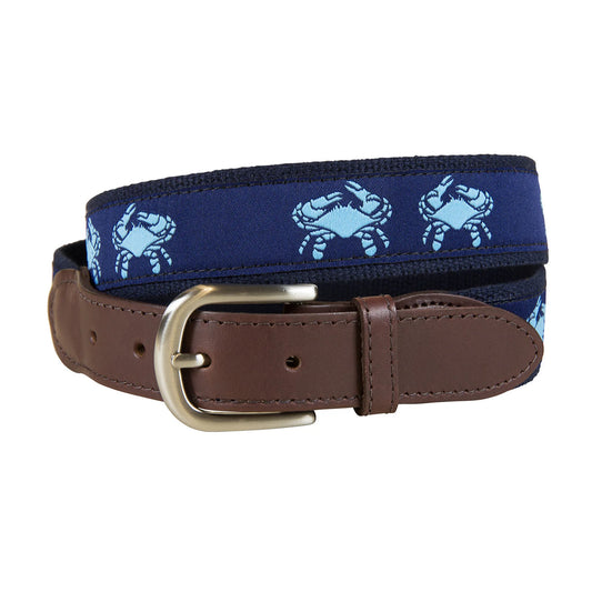 Leather Tab and Ribbon Belt - Blue Crabs