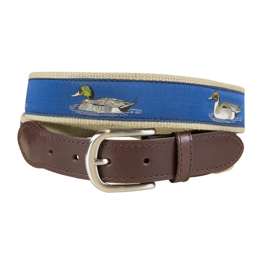 Leather Tab and Ribbon Belt - Ducks on Navy Blue