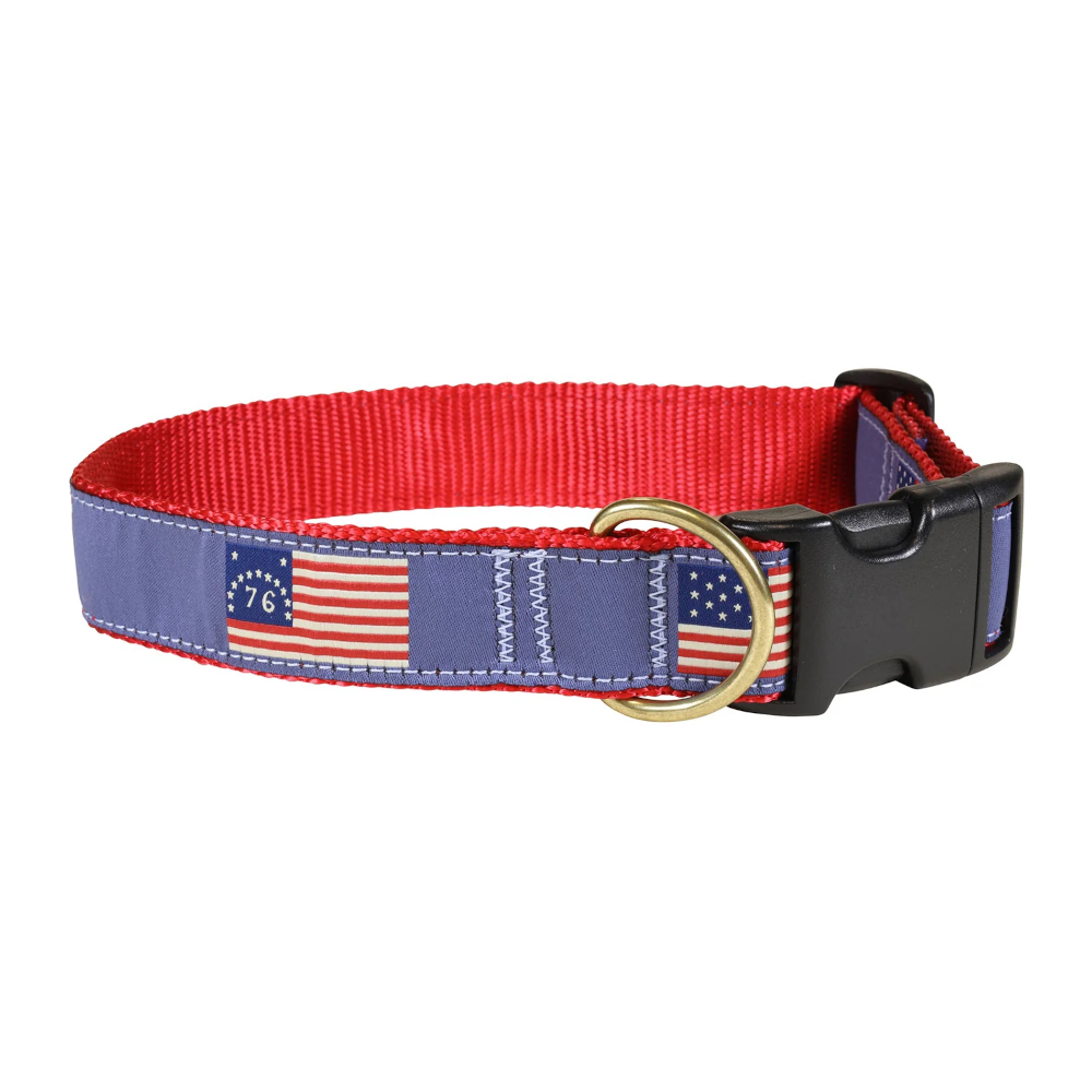 Red dog collar featuring a periwinkle blue decorative ribbon patterned with historic  retro American flags, equipped with a gold D-ring and a black quick-release buckle.