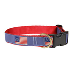 Red dog collar featuring a periwinkle blue decorative ribbon patterned with historic  retro American flags, equipped with a gold D-ring and a black quick-release buckle. Thumbnail
