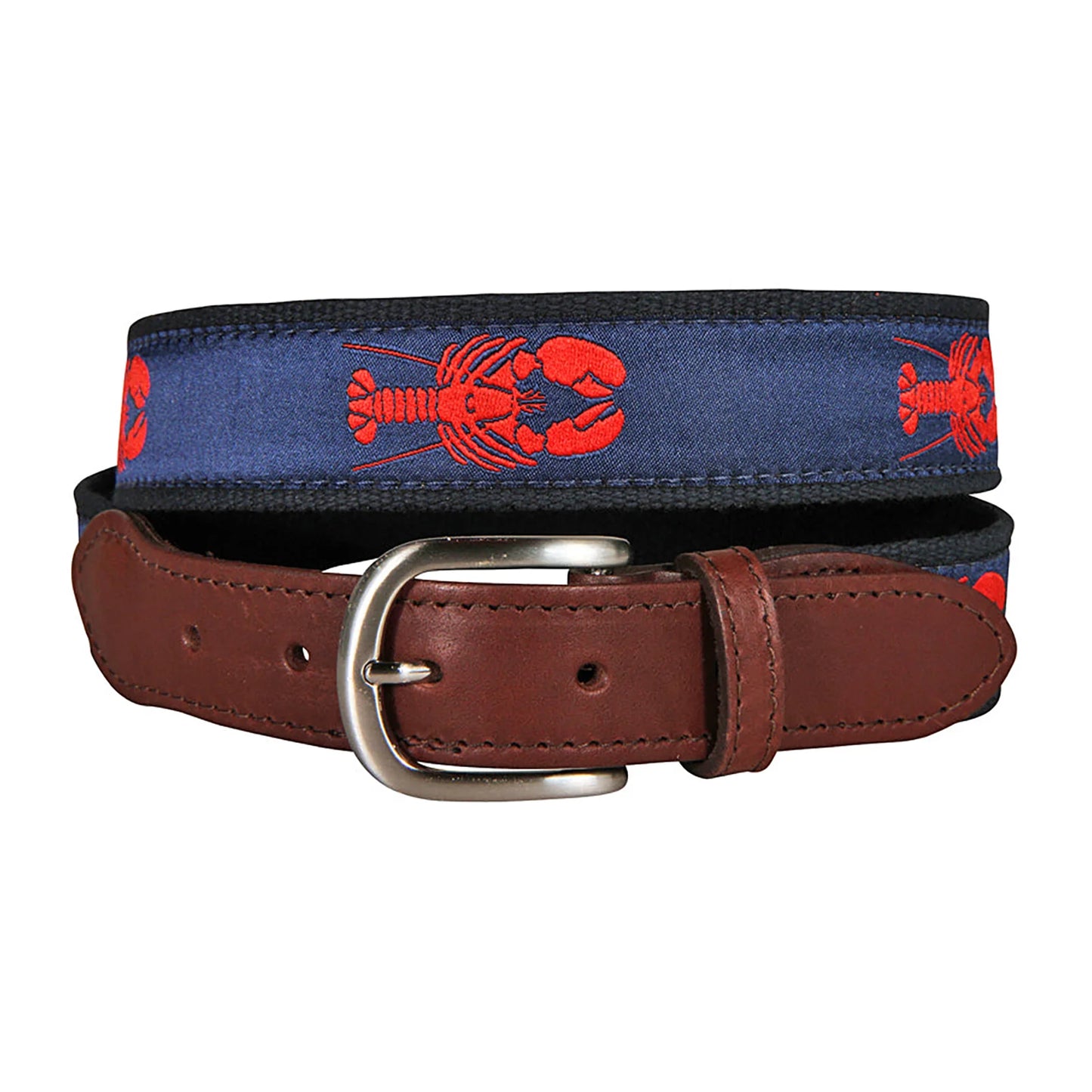Leather Tab and Ribbon Belt - Red Lobster on Navy Blue