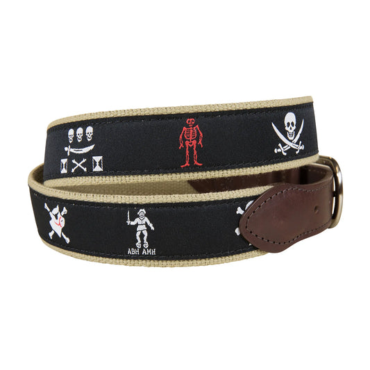 Leather Tab and Ribbon Belt - Black Pirate Flags