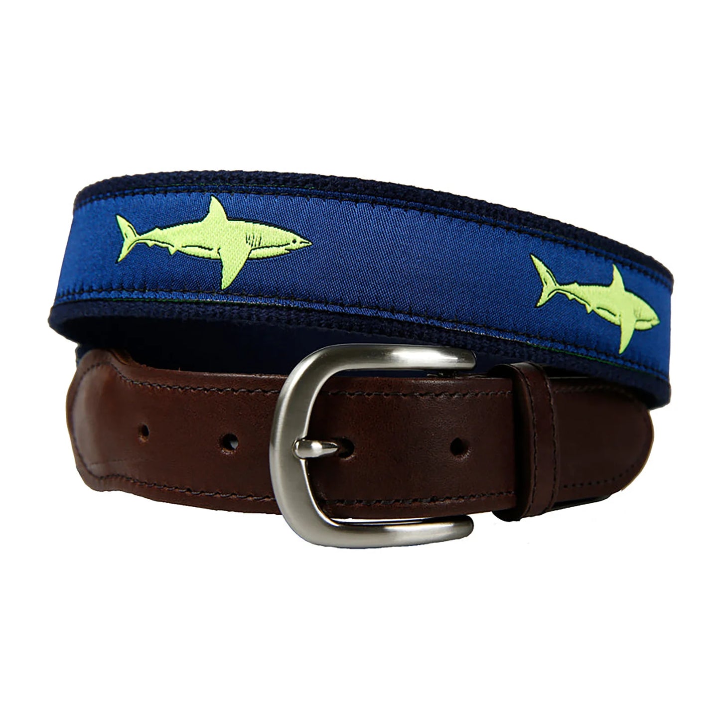 Leather Tab and Ribbon Belt - Lime Shark on Navy Blue