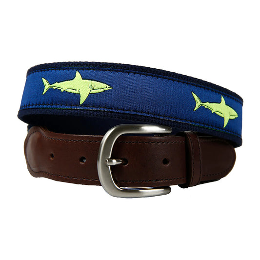 Leather Tab and Ribbon Belt - Lime Shark on Navy Blue