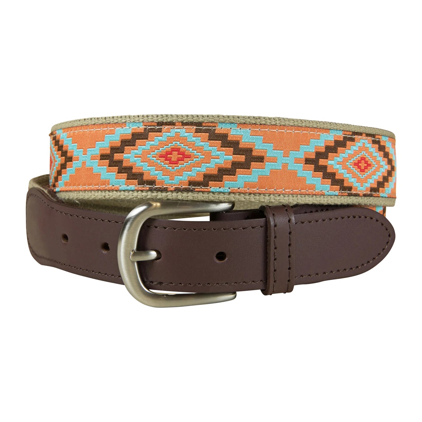 Leather Tab and Ribbon Belt - Southwest - Burnt Orange