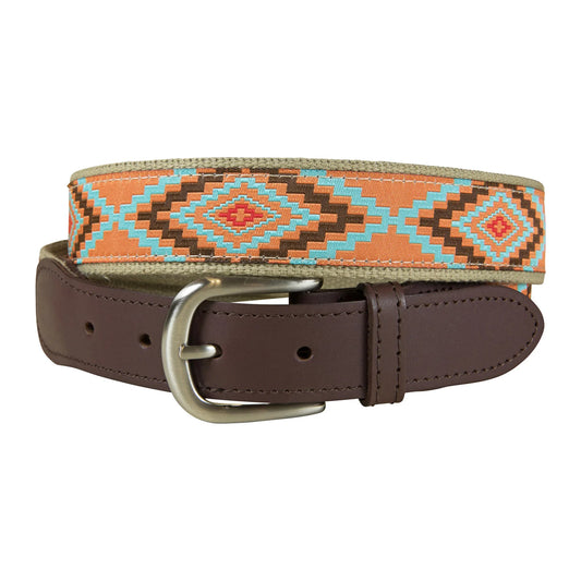 Leather Tab and Ribbon Belt - Southwest - Burnt Orange