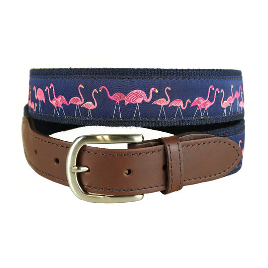 Leather Tab and Ribbon Belt - Yard Flamingos