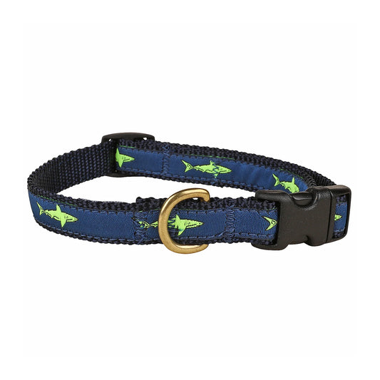 5/8” Ribbon Dog Collar – Lime Green Shark on Navy Blue