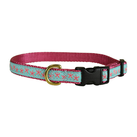 5/8” Ribbon Dog Collar – Starfish,  Pink on Aqua