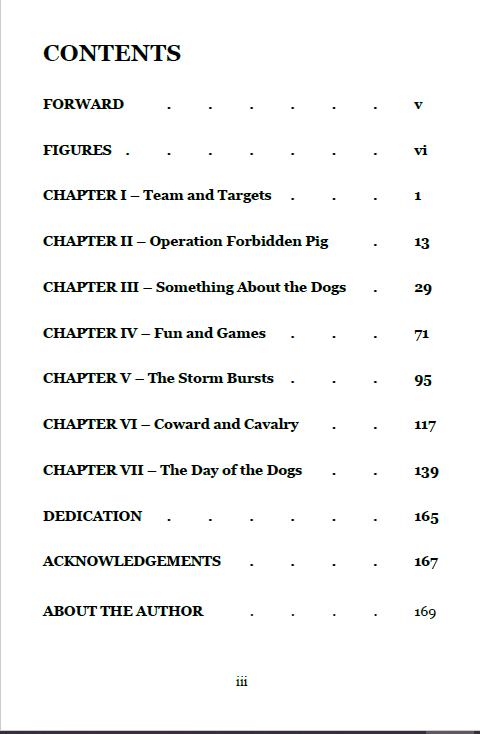 Table of contents for the book 'The Day of the Dogs" with chapter titles and page numbers.
