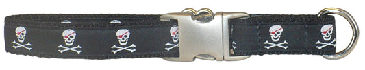 3/4” Ribbon Dog Collar – Pirate Skulls, Black