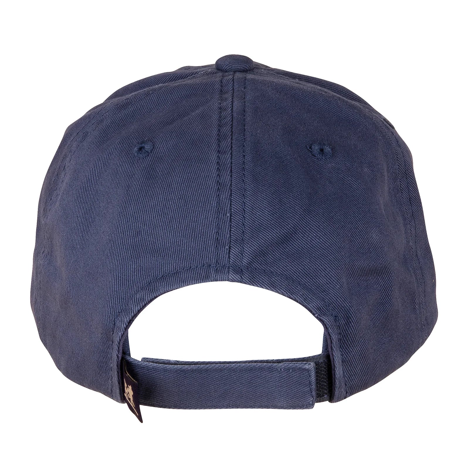 The back of a washed navy blue baseball hat with a white whale on the front.