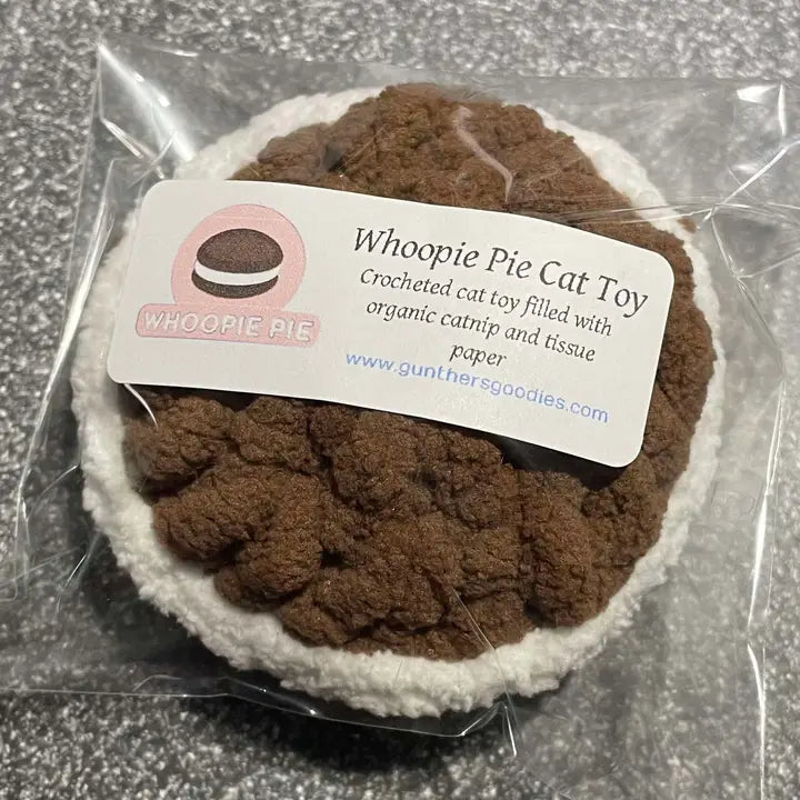 Whoopie Pie cat toy in packaging with a label on a gray background