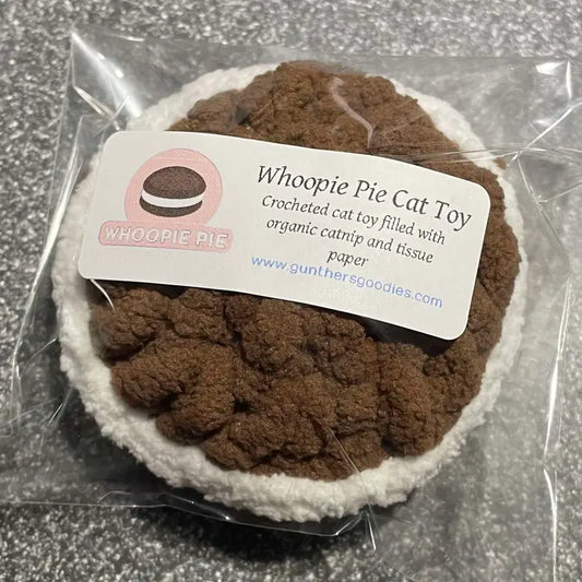 Whoopie Pie cat toy in packaging with a label on a gray background